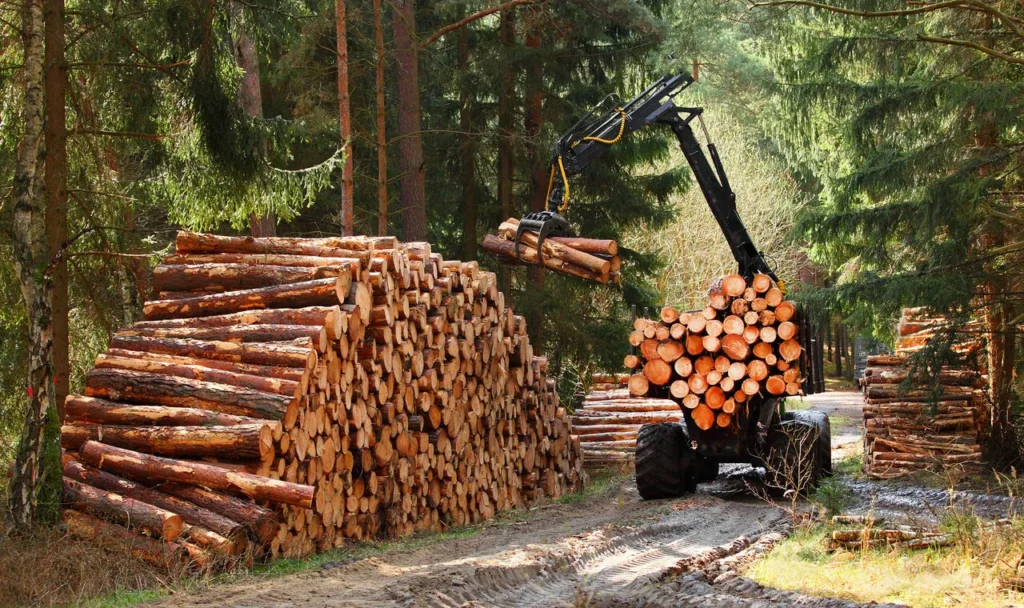 Harvester stacking logs in Canadian forest